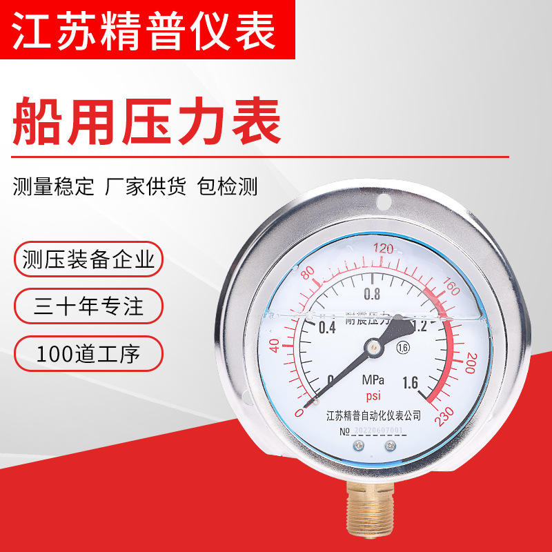 精普YCN100船用压力表径向带后边耐震压力表真空充油表现货供应